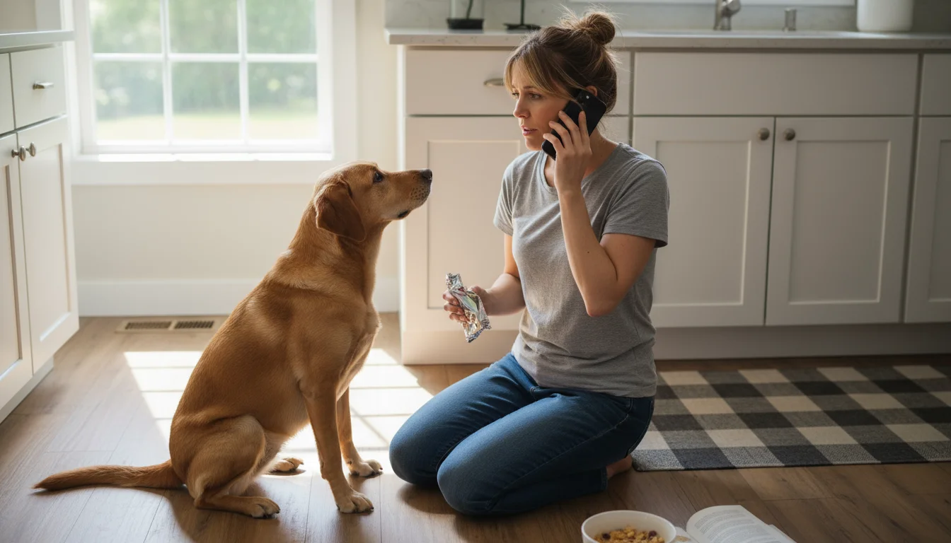 A woman kneels on a kitchen floor, talking on her phone, holding a crumpled wrapper, with a Labrador mix looking up at her.