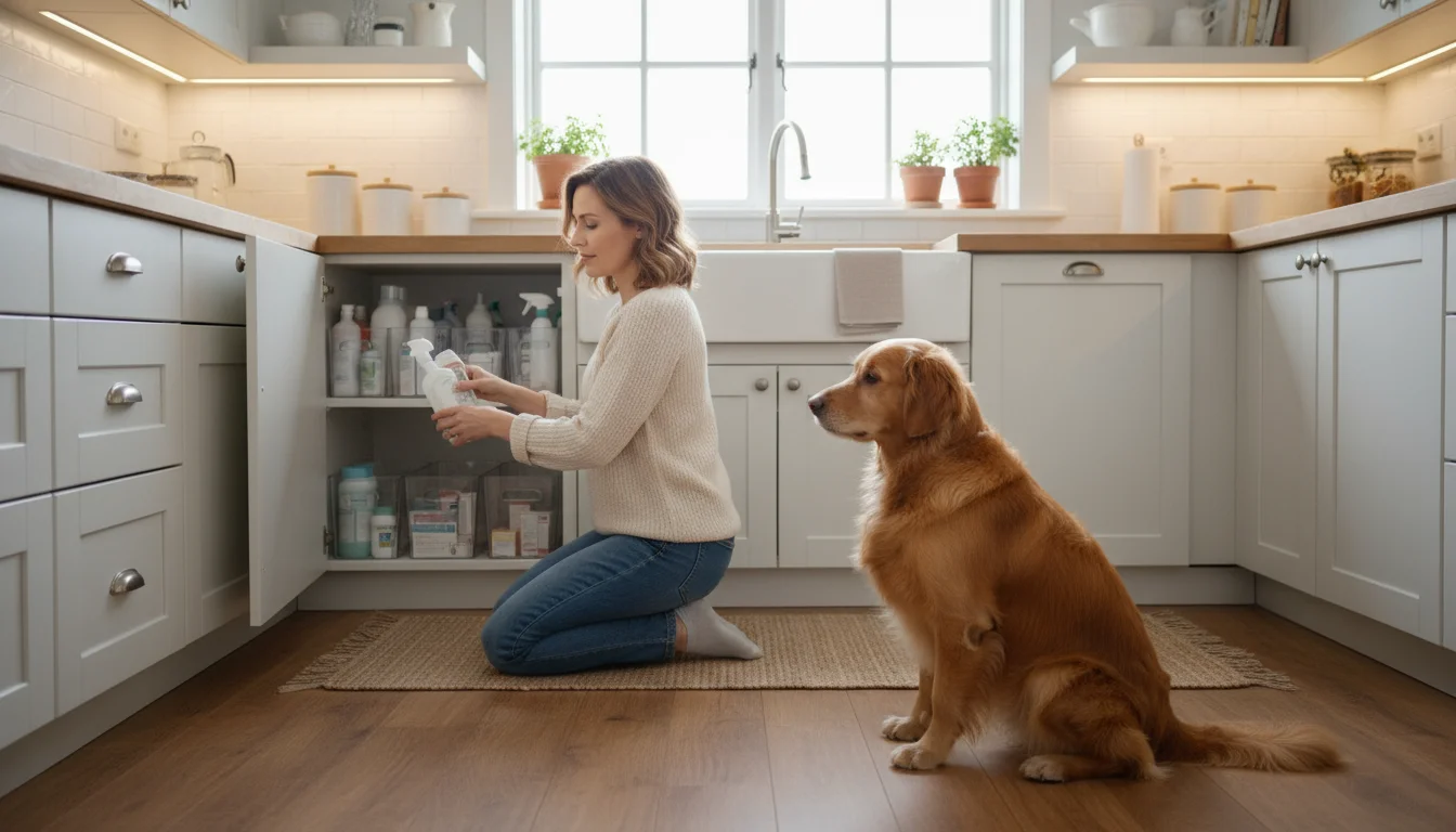 A woman kneels in a kitchen, organizing cleaning supplies in a cabinet while a golden retriever watches nearby.