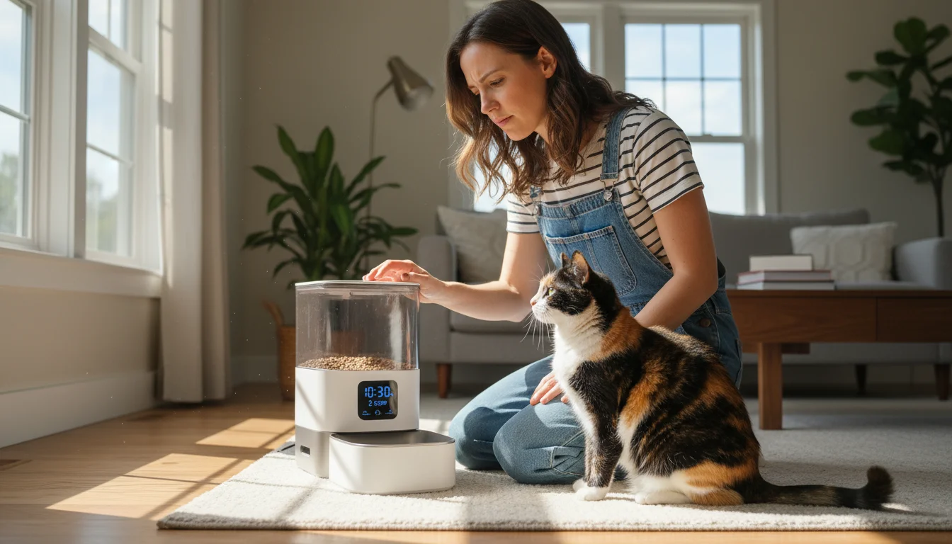 A woman kneels in a living room, thoughtfully examining a gray automatic pet feeder. A calico cat watches her intently beside the feeder.