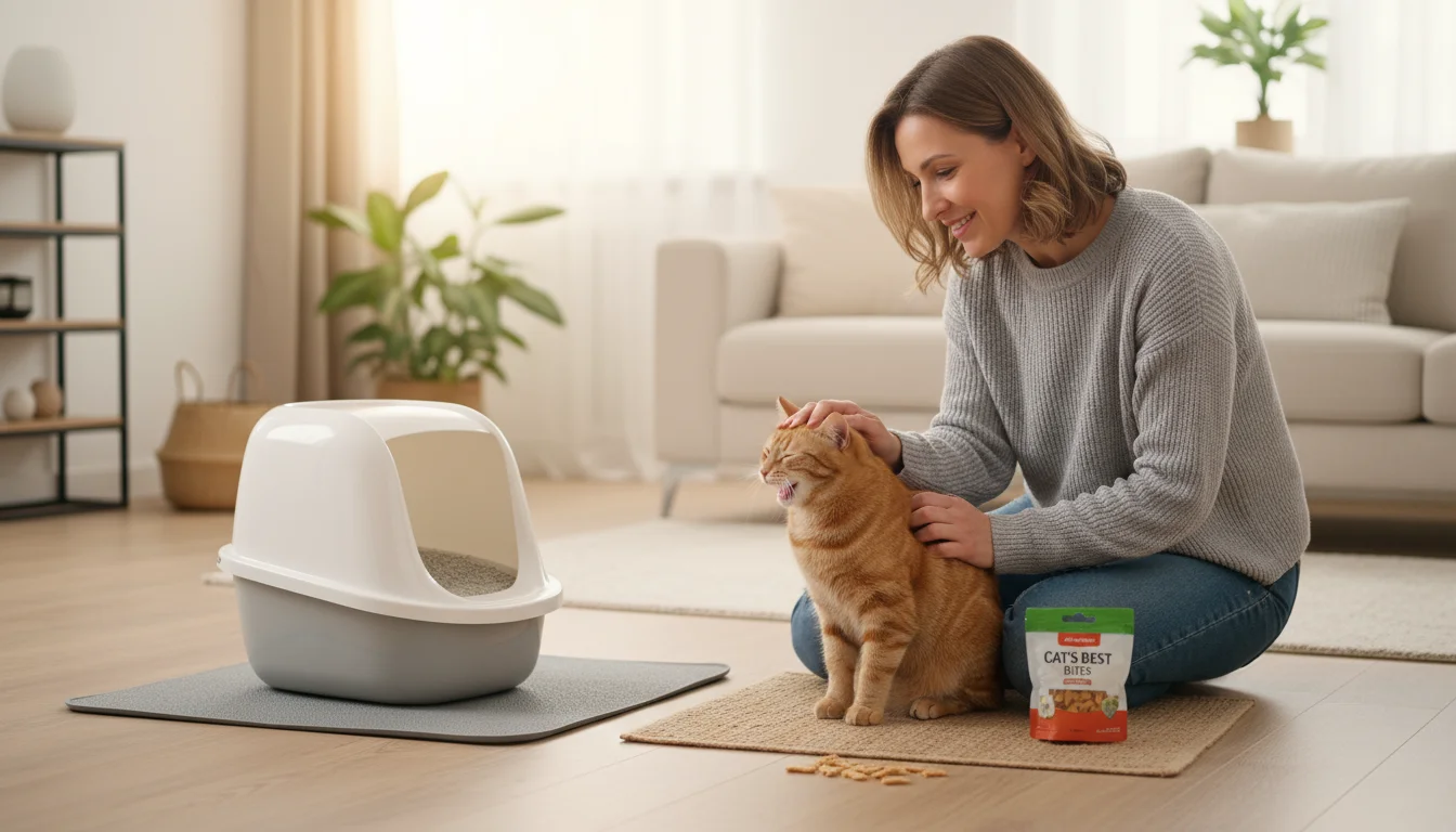 A woman kneels, offering a treat to a ginger cat calmly sitting near a clean litter box on a mat in a sunlit home.