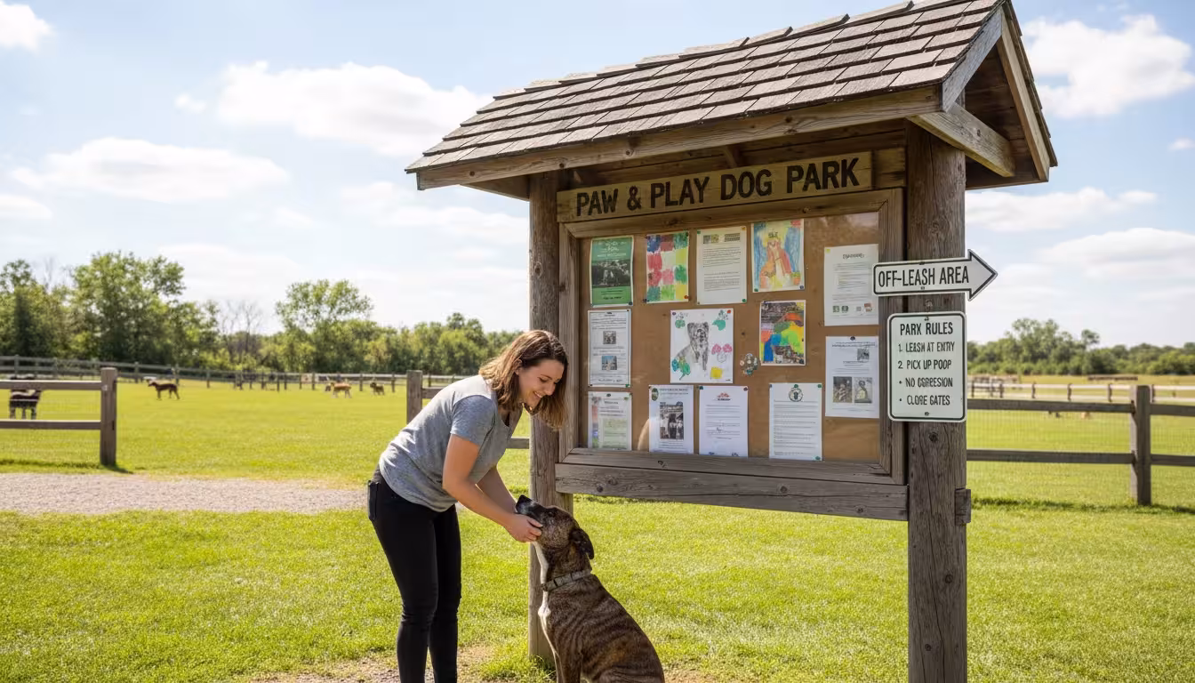 A woman kneels, gently petting her brindle dog near a park information sign on a sunny afternoon.