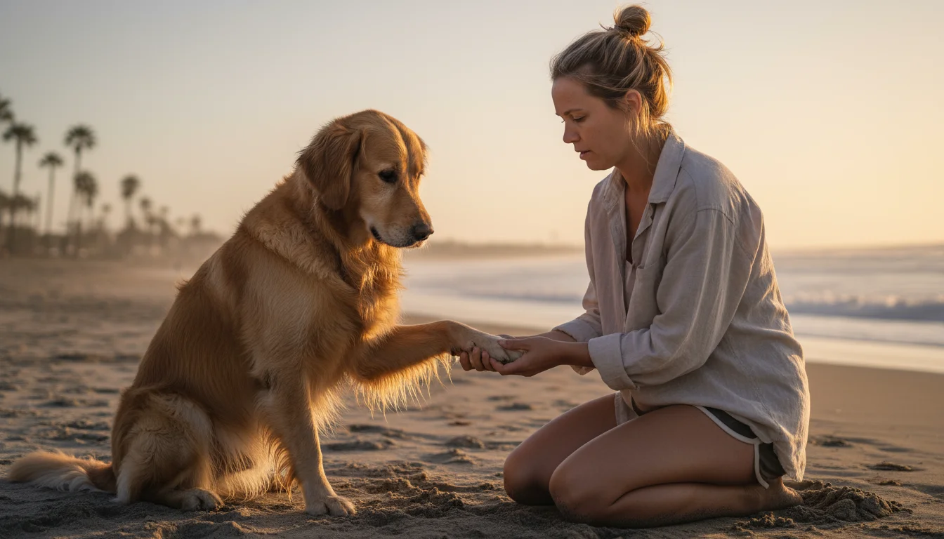 A woman kneels on a sandy beach, gently holding and examining the front paw of her golden retriever, who sits calmly beside her.