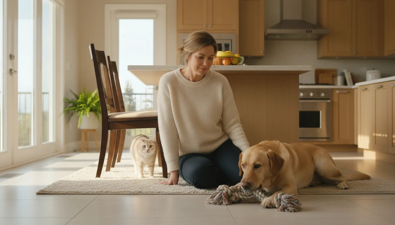 A woman kneels in a sunlit kitchen, gently watching a tabby cat peek from behind a chair at a calm dog on a mat.