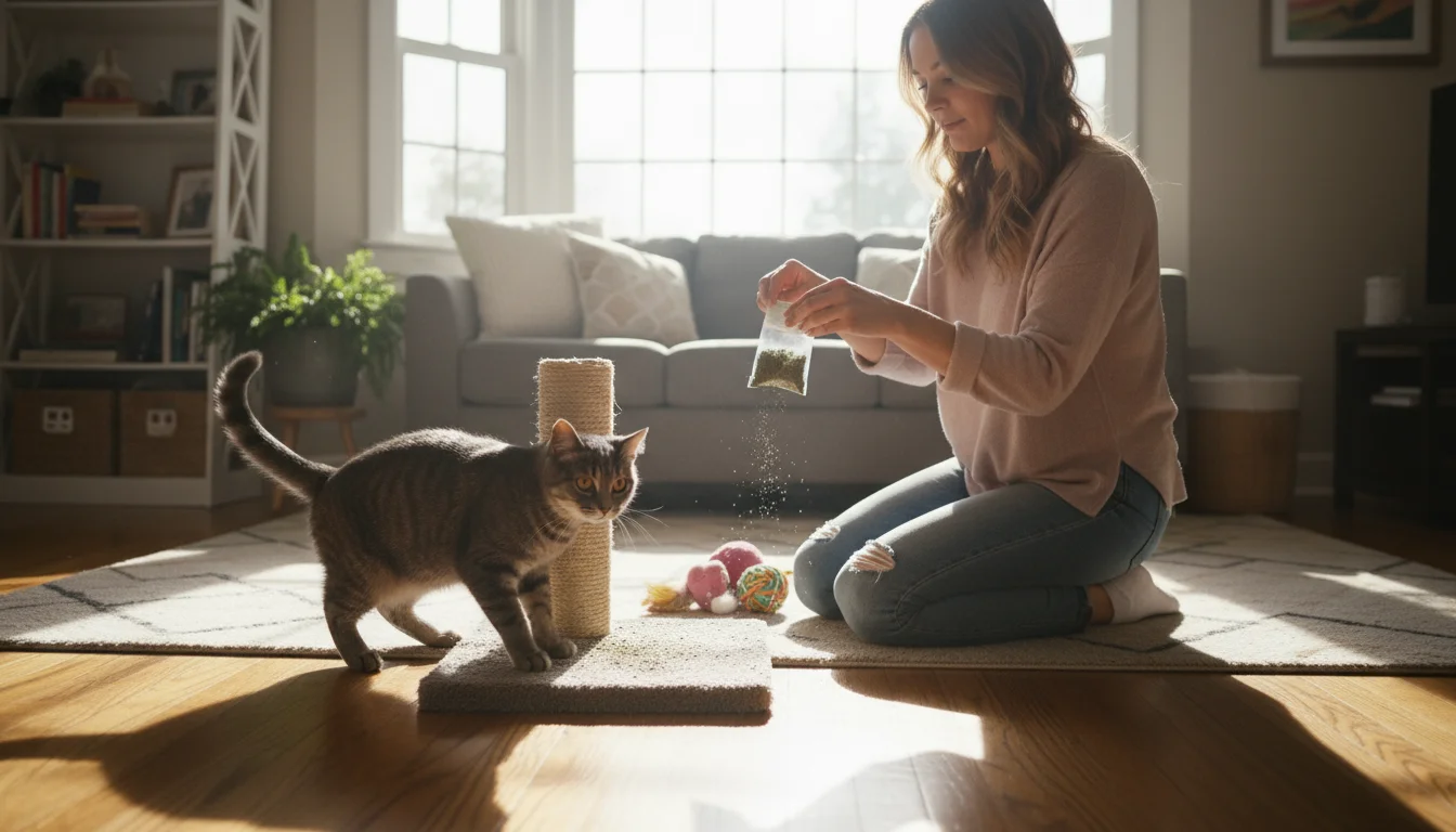 A woman kneels in a sunlit living room, sprinkling fresh catnip onto a sisal scratching post. A gray short-haired cat intently watches the activity, r