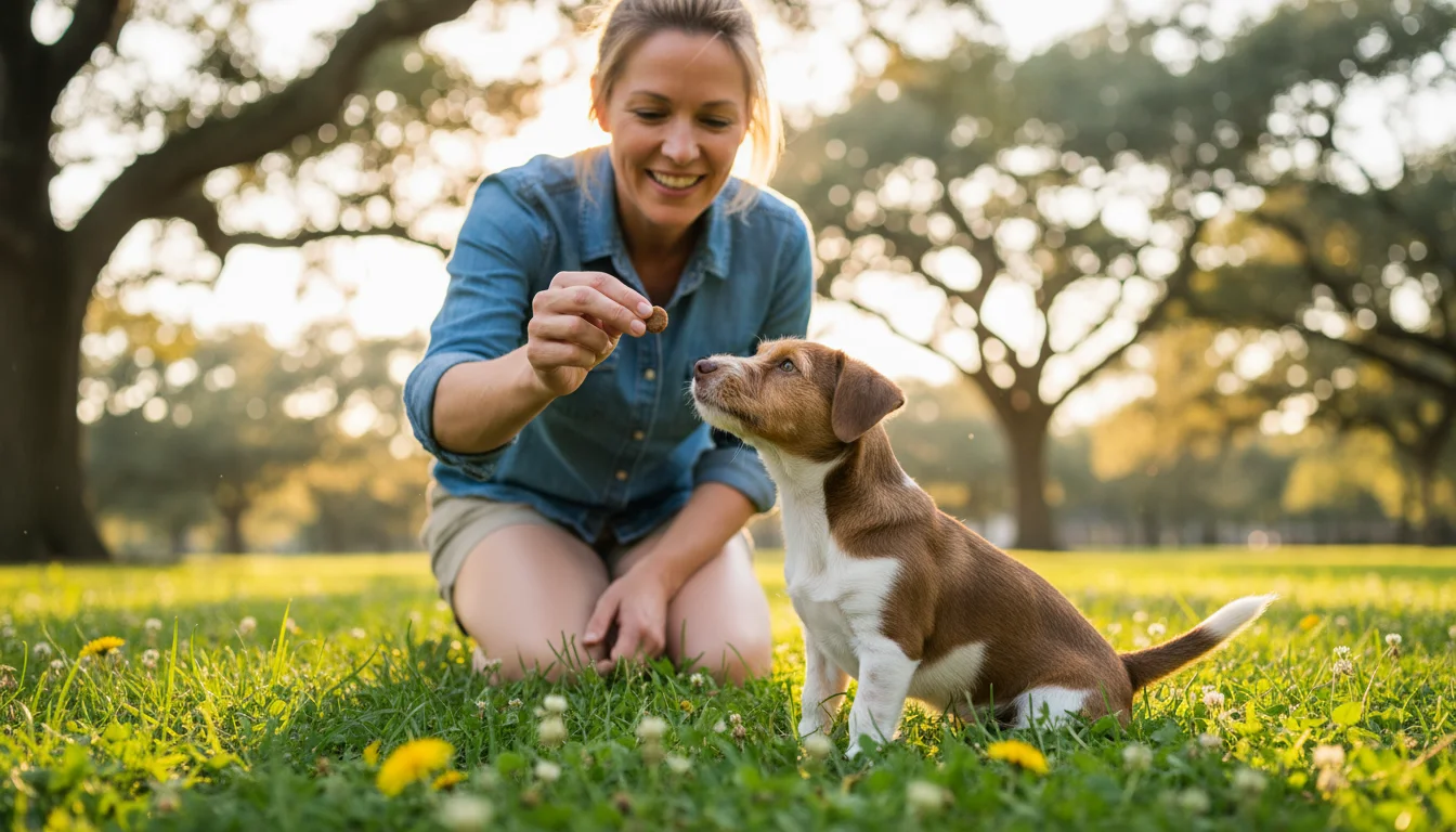 A woman kneels in a sunny park, offering a treat to a focused 4-month-old brown and white puppy sitting attentively on the grass.