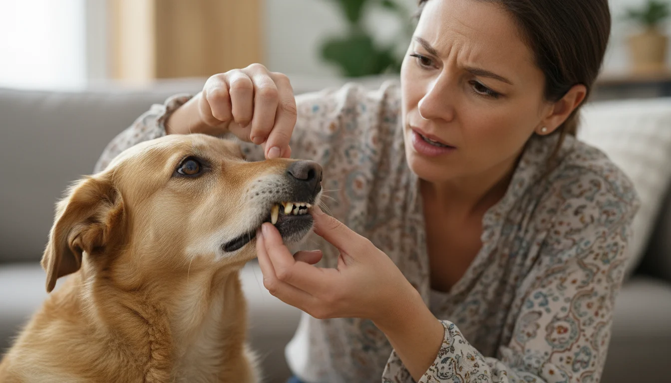 A woman gently lifts her dog's lip, revealing visible yellowish-brown tartar on its upper teeth, her face showing mild concern.