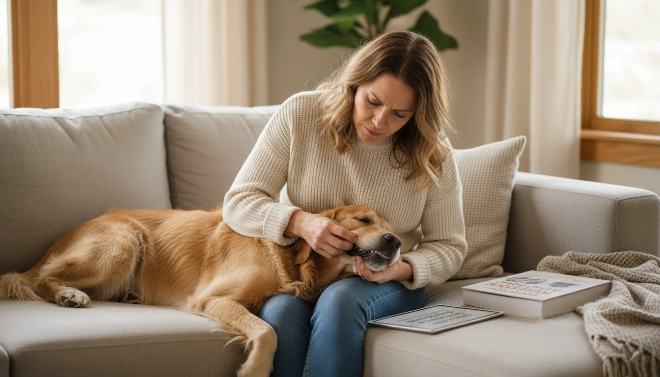 A woman gently lifts her golden retriever's lip to inspect its teeth, looking thoughtfully. An open book is beside them on a sofa.