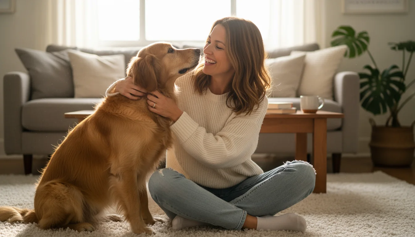 A woman on a living room rug embraces a golden retriever, both looking at each other with deep affection in a sunlit room.
