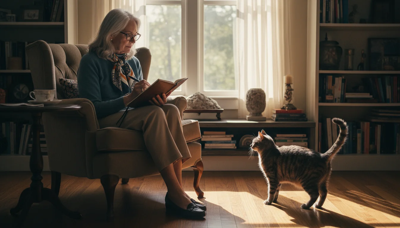 Woman with notebook observes gray tabby cat displaying subtle alertness in a sunlit living room, analyzing its behavior.