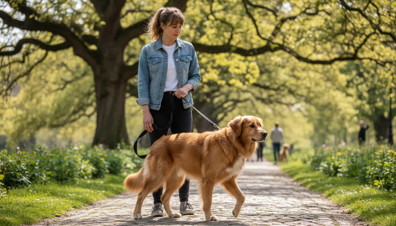 A woman observes her golden retriever mix dog on a leash, whose body language shows subtle tension during a walk on a park path.