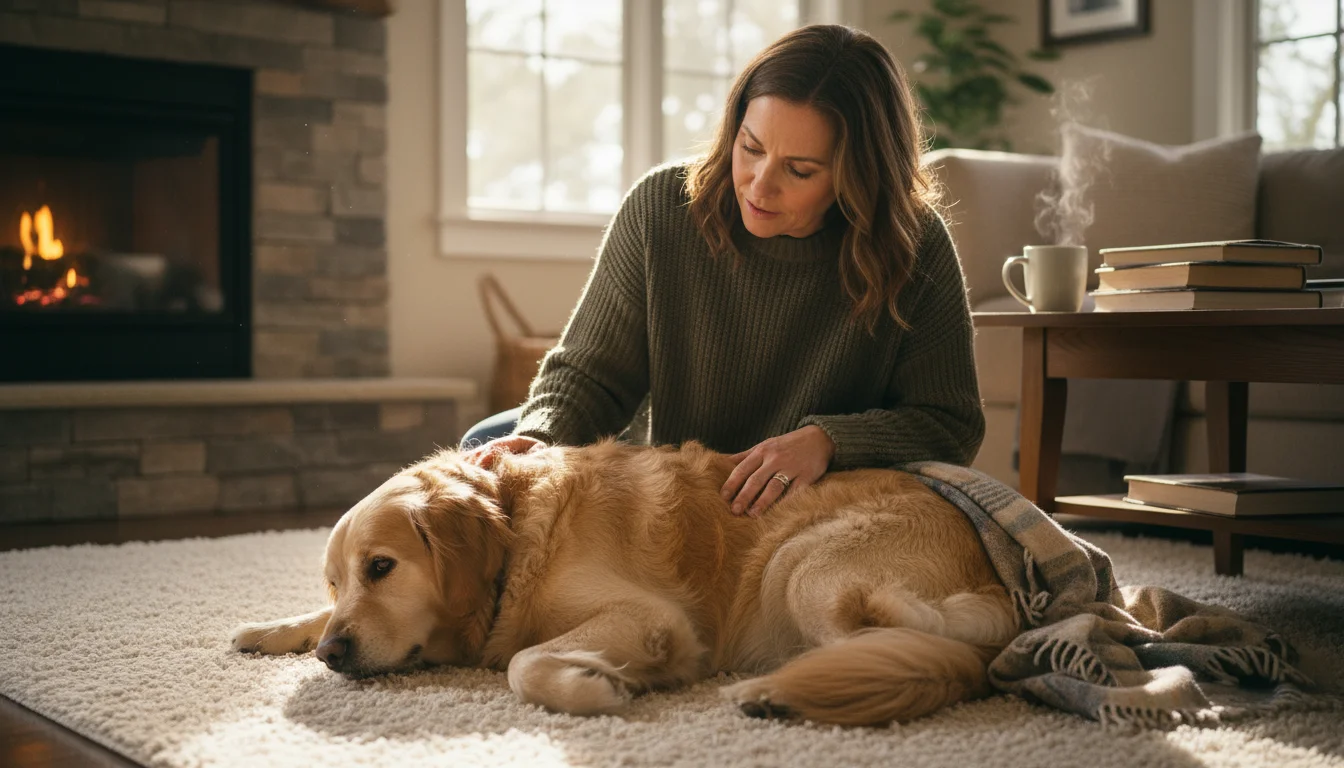 A woman gently observes her senior golden retriever resting beside her on a rug, demonstrating calm pet health monitoring.