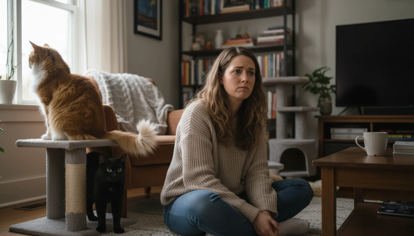 A woman observes a shy black cat peeking from under an armchair and a ginger tabby on a cat tree in a living room.
