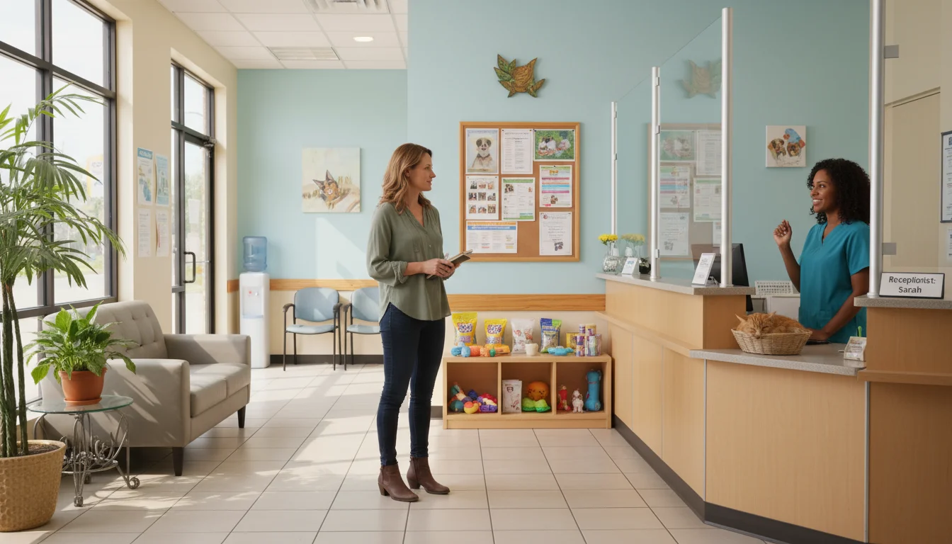 Woman observing a clean, well-lit veterinary clinic reception area with a receptionist in the background.