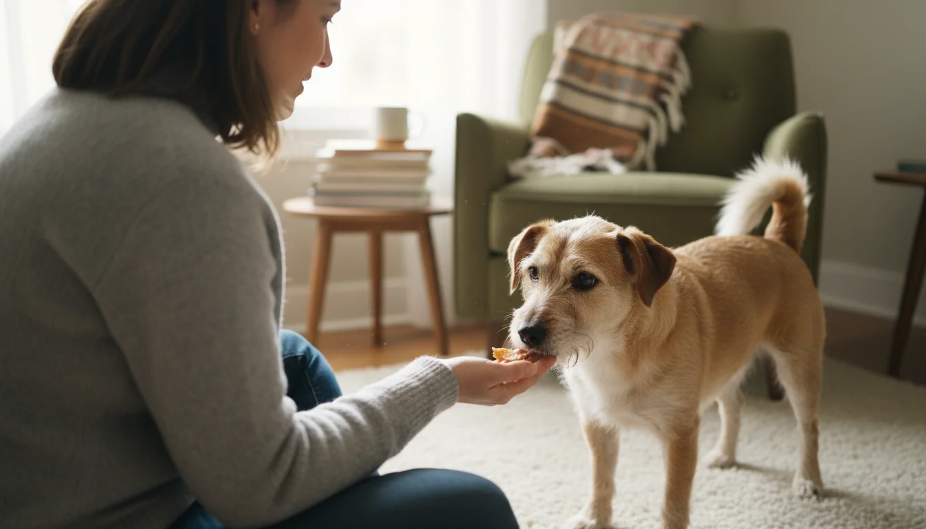 A woman gently offers a treat to a nervous small terrier mix dog in a cozy living room, building trust.