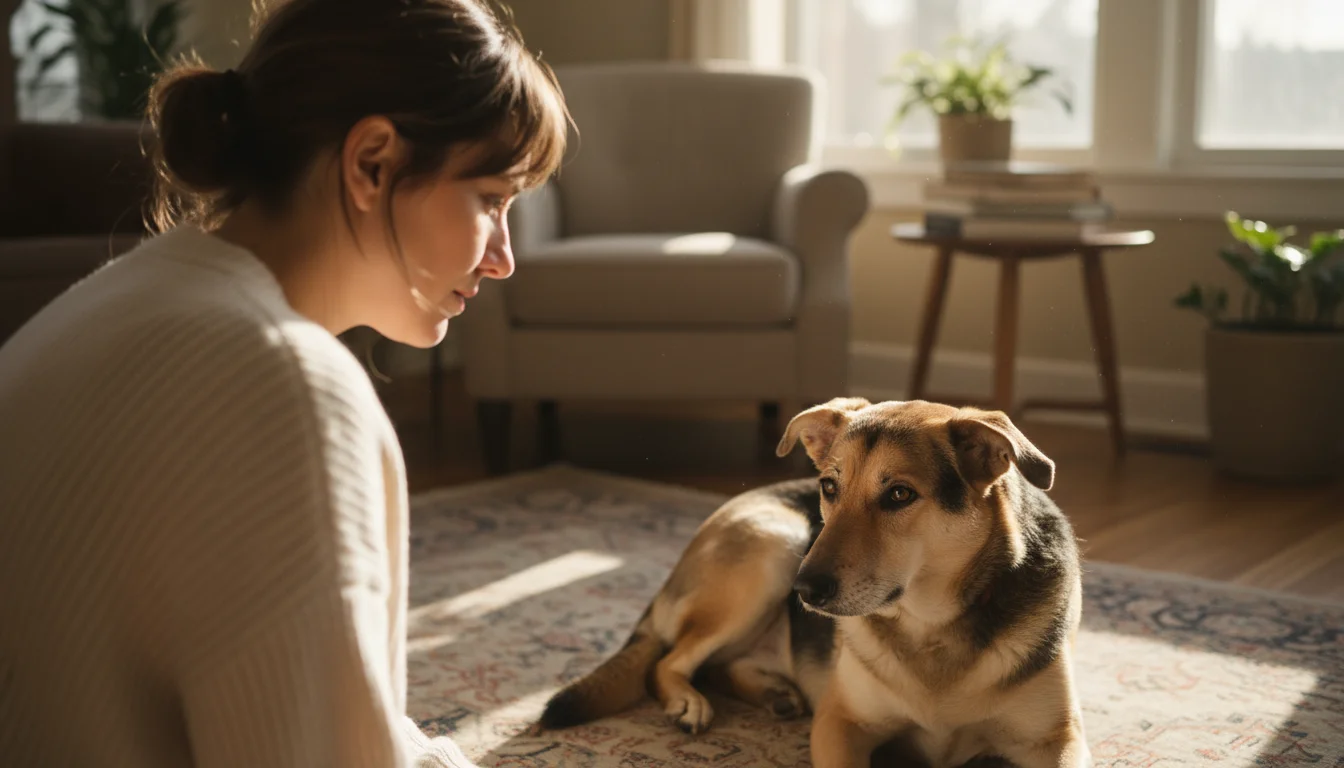 Woman from over-the-shoulder perspective gently observes her anxious-looking medium-sized dog lying on a living room rug.
