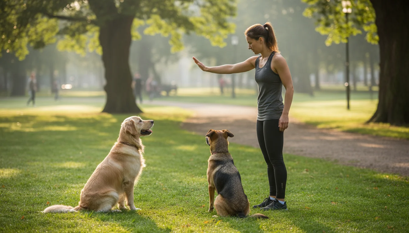 A woman in a park training a Golden Retriever and a mixed-breed dog. Both dogs sit patiently on the grass, looking at her.
