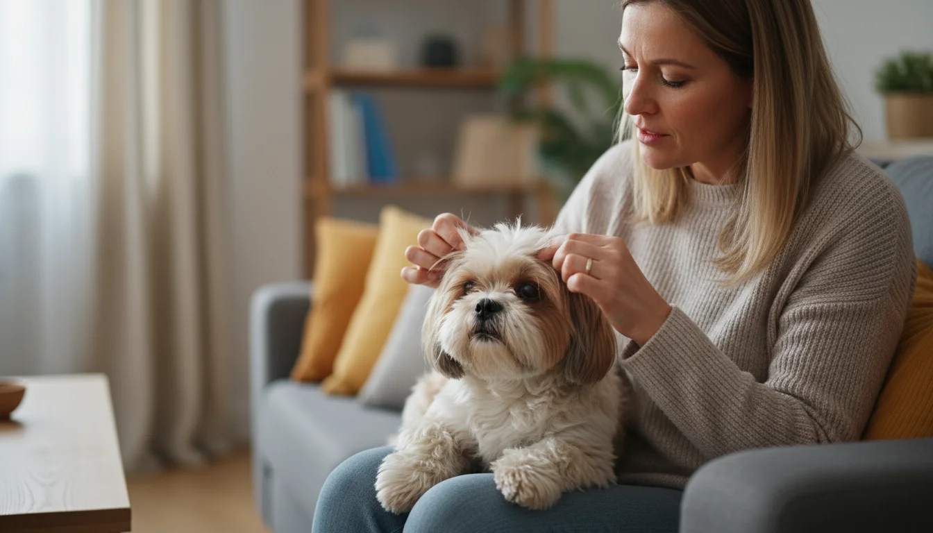 A woman carefully parts the fur around her Shih Tzu's eyes as the dog rests on her lap.