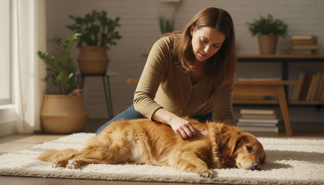 A woman gently parts the fur on her calm golden retriever mix's side, carefully examining an area with a concerned expression.