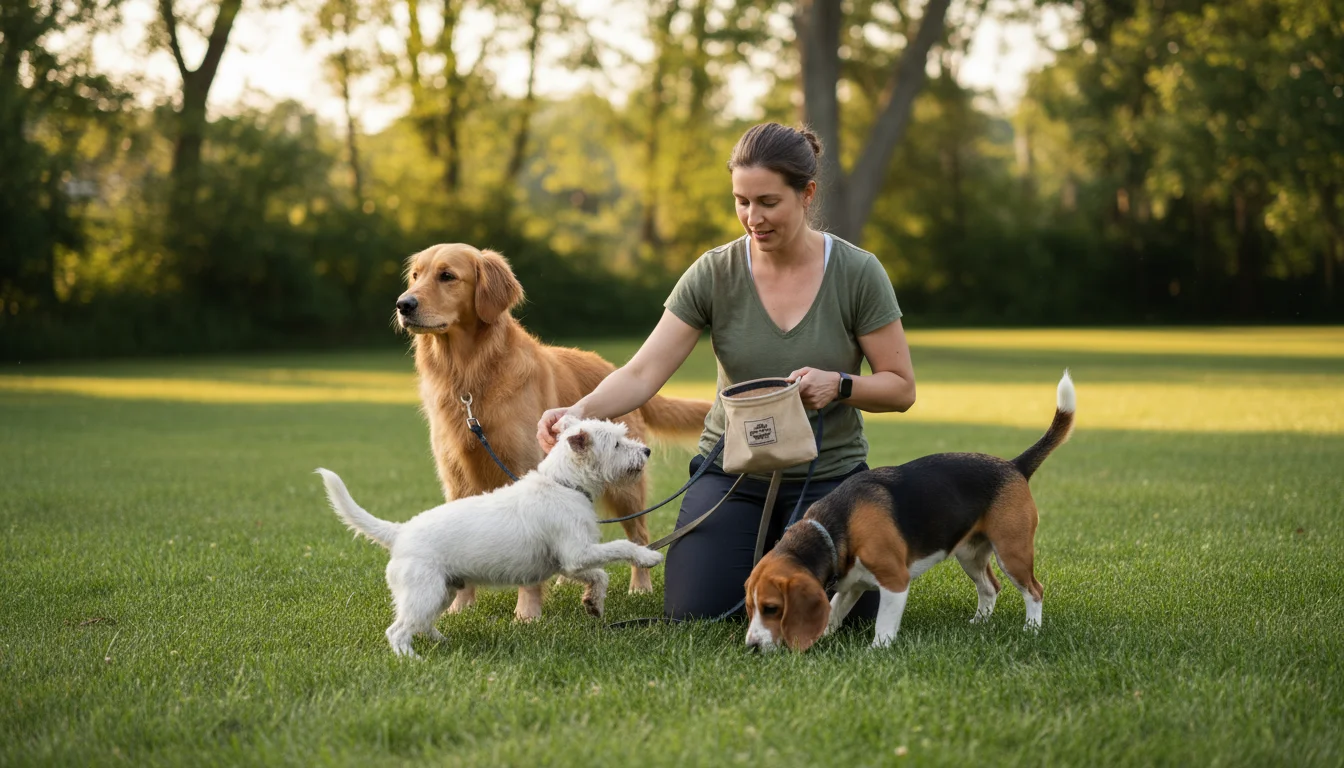 Woman patiently kneels in a grassy yard, gently guiding three dogs (terrier, golden retriever, beagle) with varying focus.