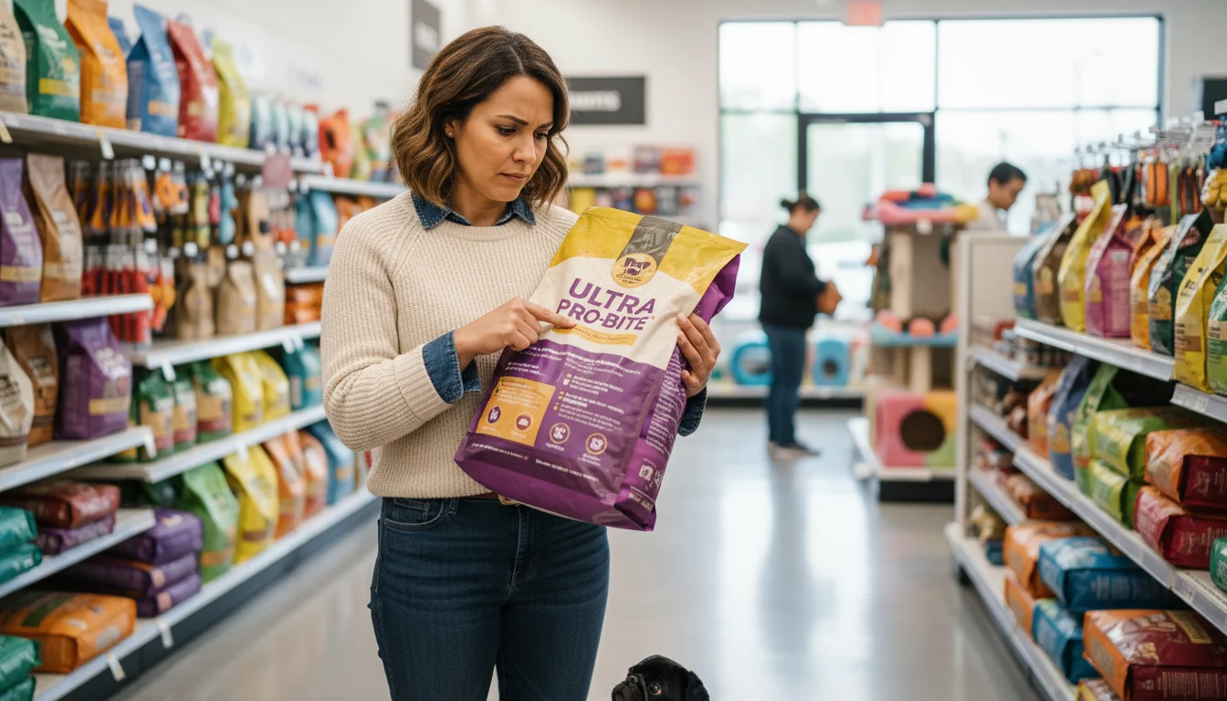 A woman in a pet store aisle intently reads the detailed nutritional label on a large bag of dog food.