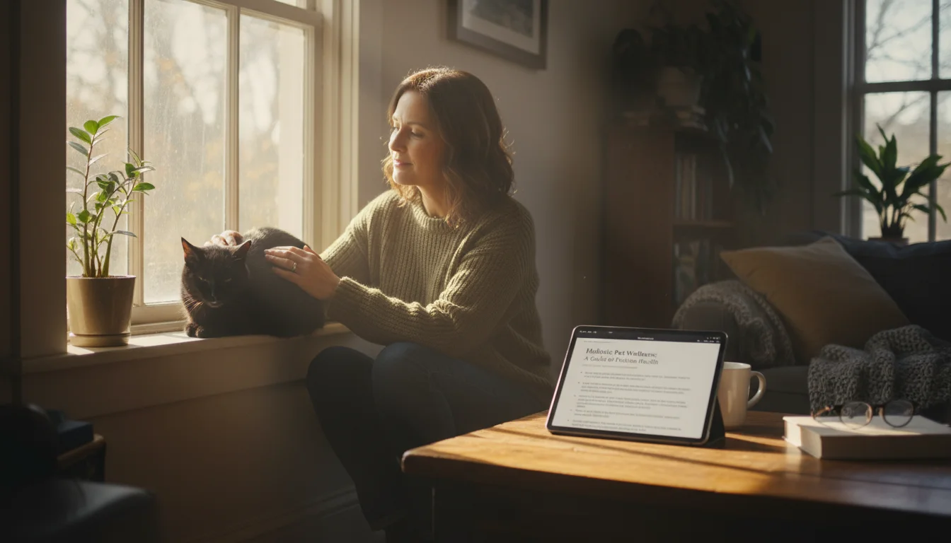 A woman gently pets a black cat on a window sill, while a tablet showing pet health info rests on a table nearby.