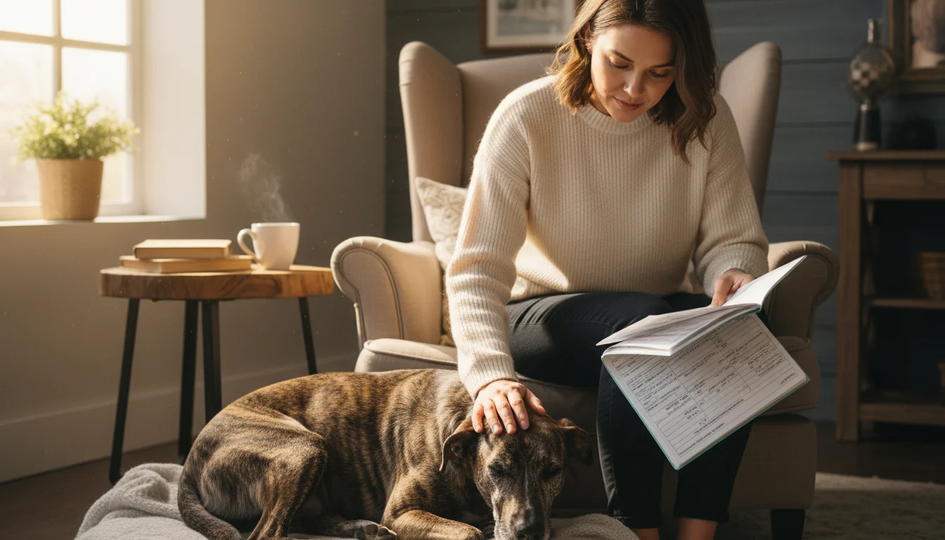 A woman pets her calm dog while reviewing a veterinary record booklet in a sunlit living room, symbolizing careful preparation.