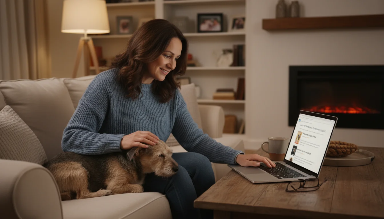 Woman gently pets her senior terrier mix on a couch while a laptop with pet health info sits nearby.