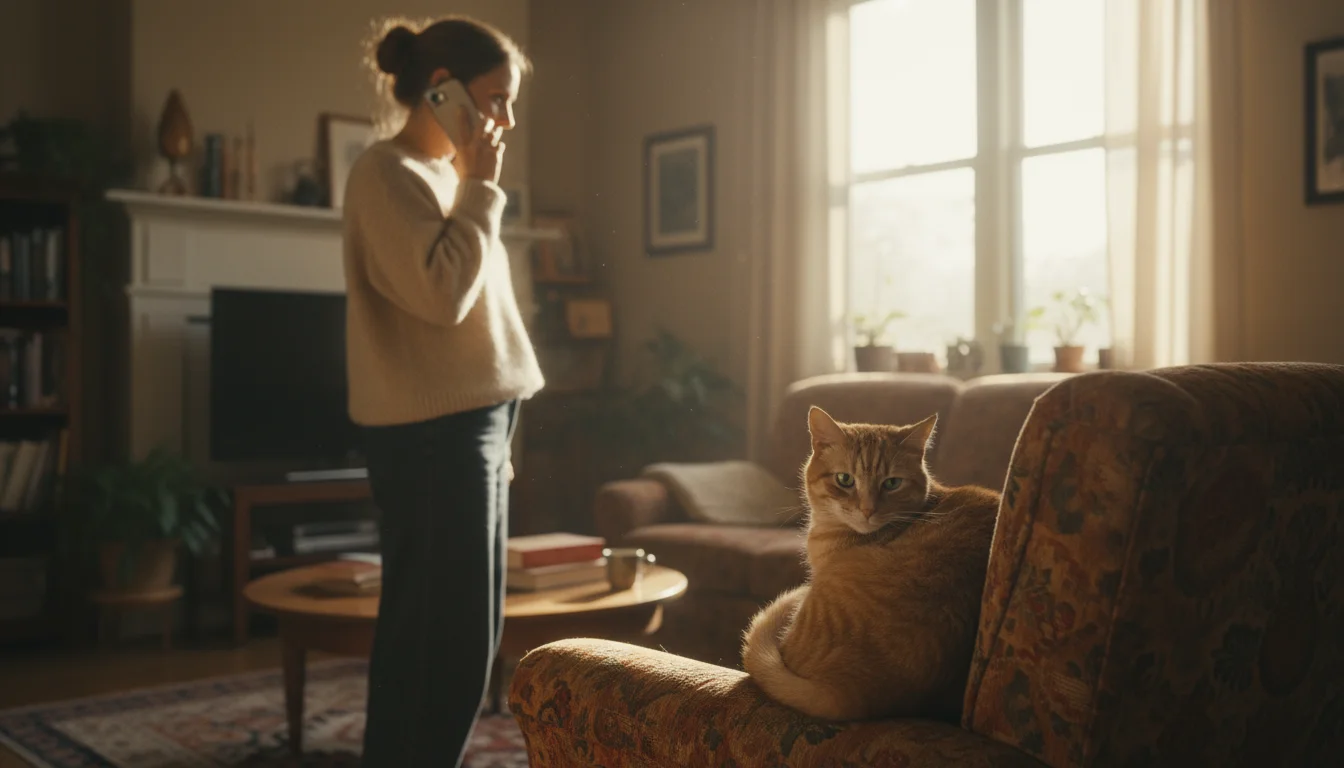 Woman on phone observes her tabby cat curled tensely on an armchair, hinting at behavioral concerns needing professional help.
