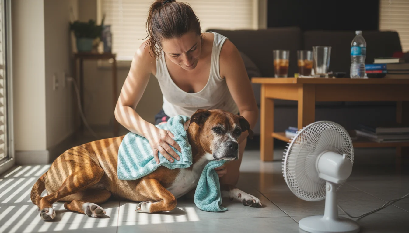 A woman gently places a cool, wet towel on her dog's chest and neck indoors. A fan blows in the background.