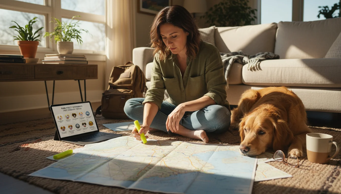 A woman plans a road trip on a rug with maps and a tablet, a golden retriever rests beside her.