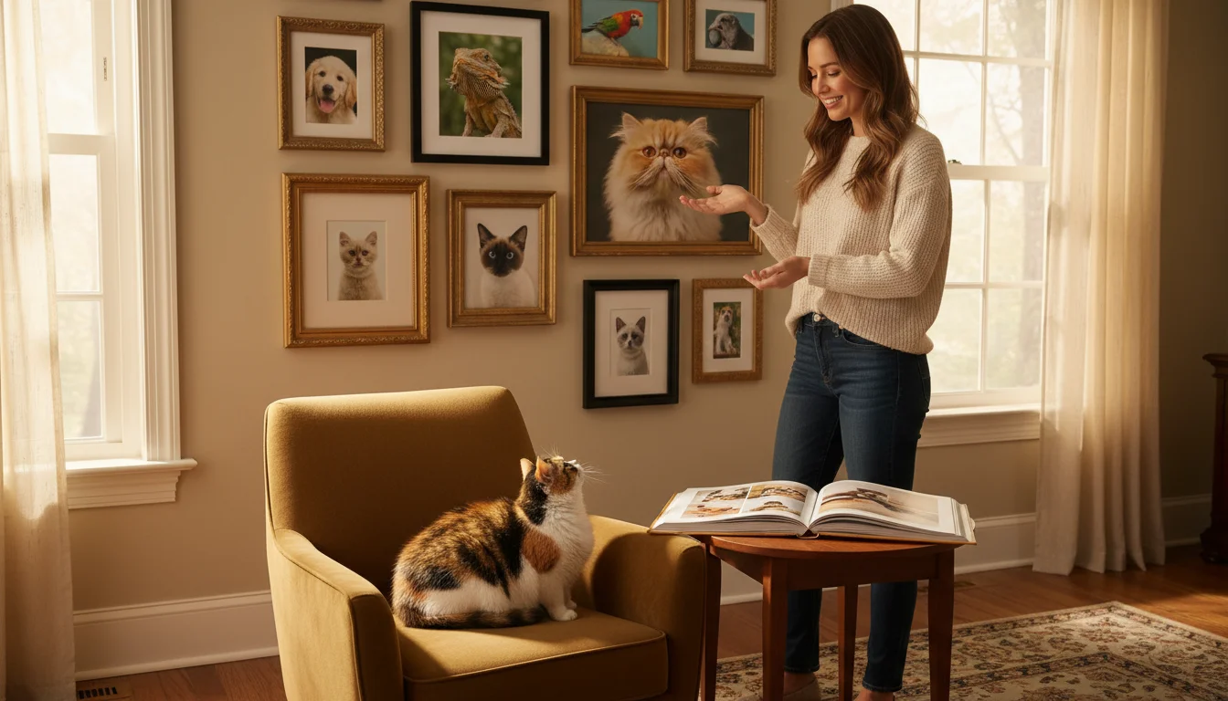 A woman points to a framed photo of a cat on a gallery wall, while a calico cat sits on an armchair looking up. A photo book is on a table.