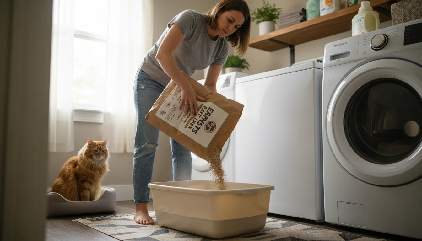 Woman pouring light-brown granular traditional clay cat litter from a large paper bag into a litter box, a black cat watches patiently.