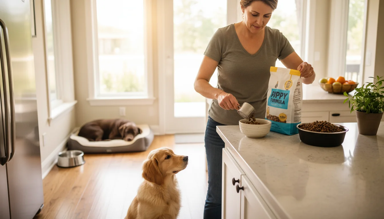 A woman preparing dog food, scooping puppy kibble into a small bowl. A golden retriever puppy waits eagerly, and an older labrador rests nearby.