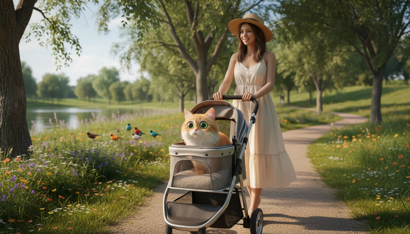 A woman pushes a pet stroller with a curious ginger tabby cat peeking out, watching birds in a sun-dappled park.