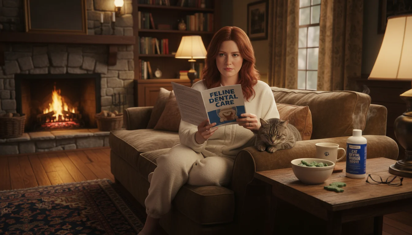 A woman reads a cat dental care pamphlet on a sofa, a calm grey tabby cat beside her. Dental treats and water additive are visible.