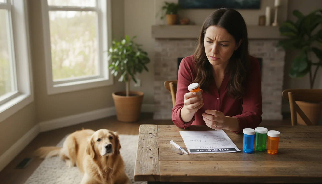 A woman reads a dog medication label with bottles, a syringe, and vet instructions on a table. Her Golden Retriever watches nearby.