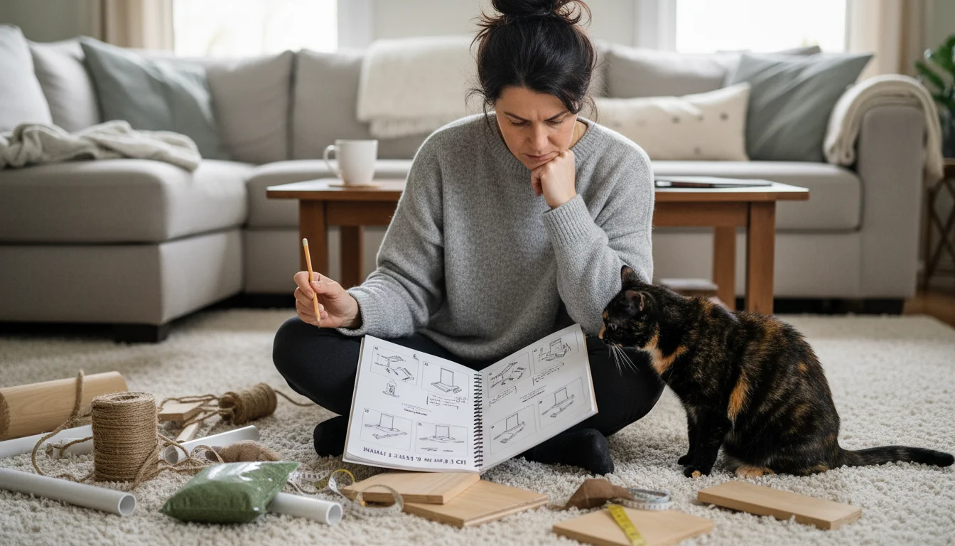 A woman on a rug looks at a DIY pet project guide, while a small dog gently sniffs the pages beside her.