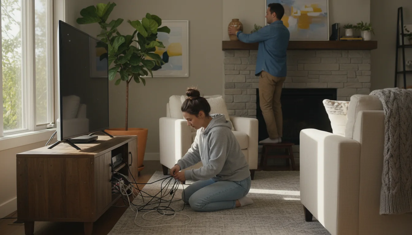 A woman secures electrical cords behind a TV stand while a man puts a vase on a high shelf, preparing a living room for a puppy.
