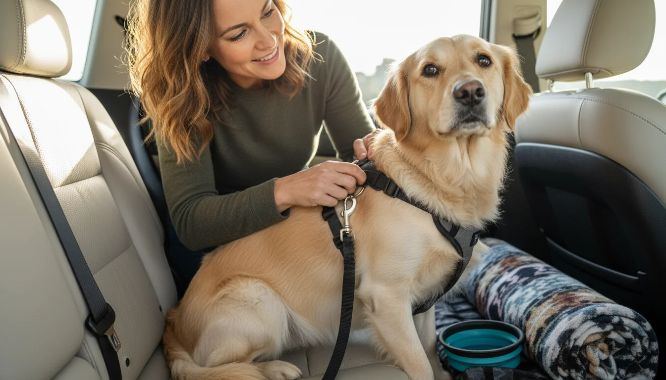Woman securing a Golden Retriever mix with a crash-tested car harness in a vehicle's back seat.