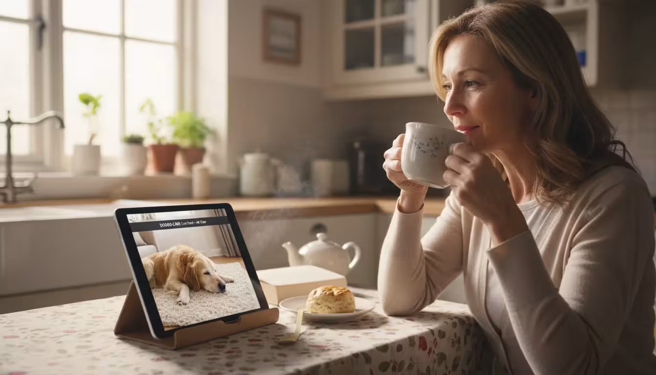 A woman sips tea, smiling gently while watching her senior golden retriever napping on a tablet screen in her sunlit kitchen.