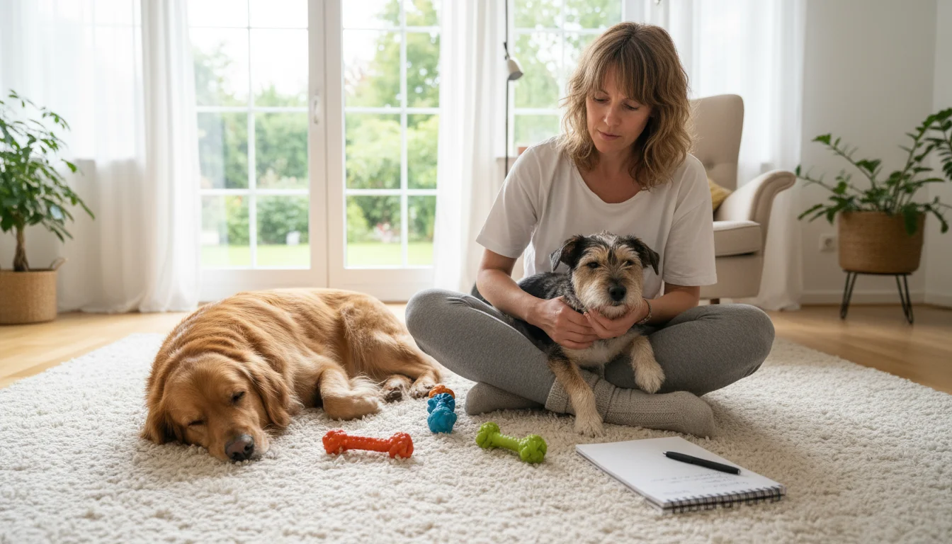 A woman sits cross-legged on a rug with a notepad, thoughtfully looking ahead. A golden retriever mix rests its head on her lap, a terrier mix lies be