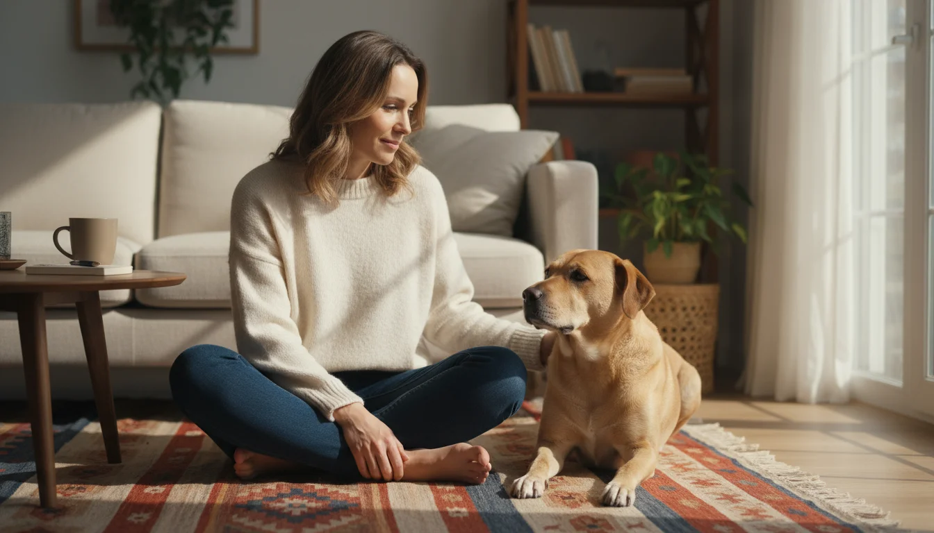 A woman sits cross-legged on a rug, looking thoughtfully at her calm, tan mixed-breed dog lying nearby in a sunlit living room.