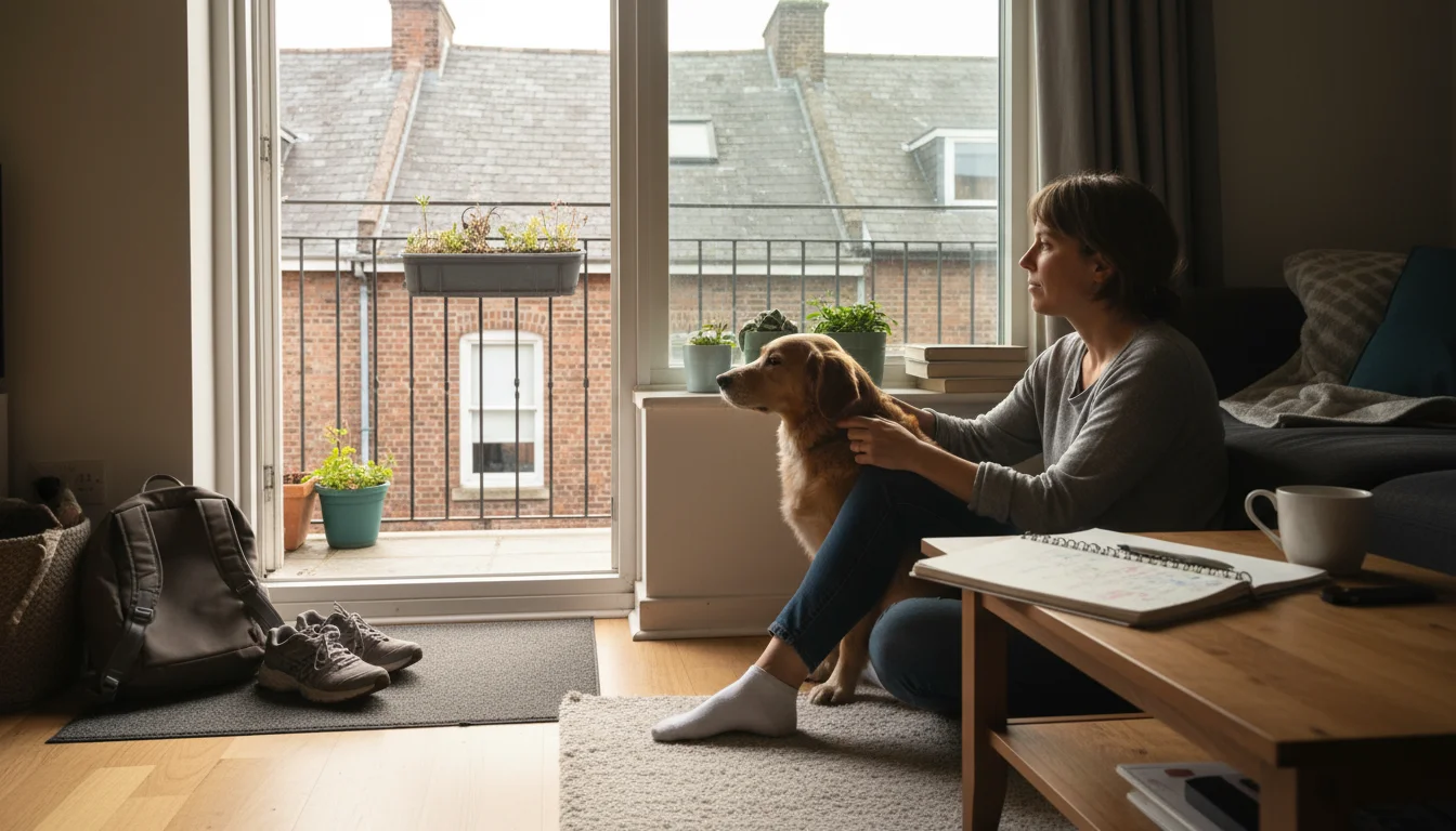 A woman sits on her apartment floor, gently petting a medium-sized golden-mix dog, looking thoughtfully towards a window.