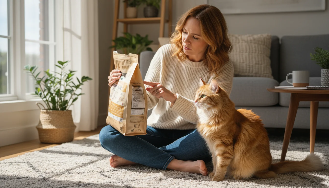 A woman sits on a rug, deeply focused on reading the ingredient list and AAFCO statement on a cat food bag. A tabby cat watches nearby.