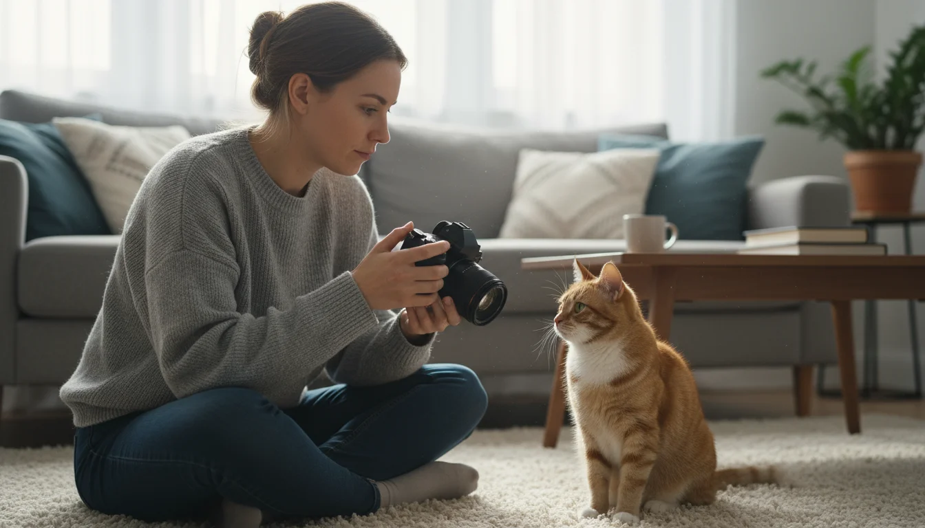 A woman sits on a rug, focused on her camera screen, with a curious tabby cat sitting beside her looking at the camera.