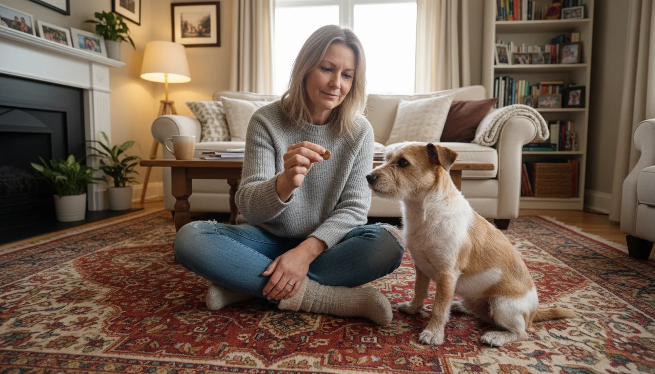 Woman sits on a rug, thoughtfully holding a training treat while a small terrier mix dog looks up at her intently.