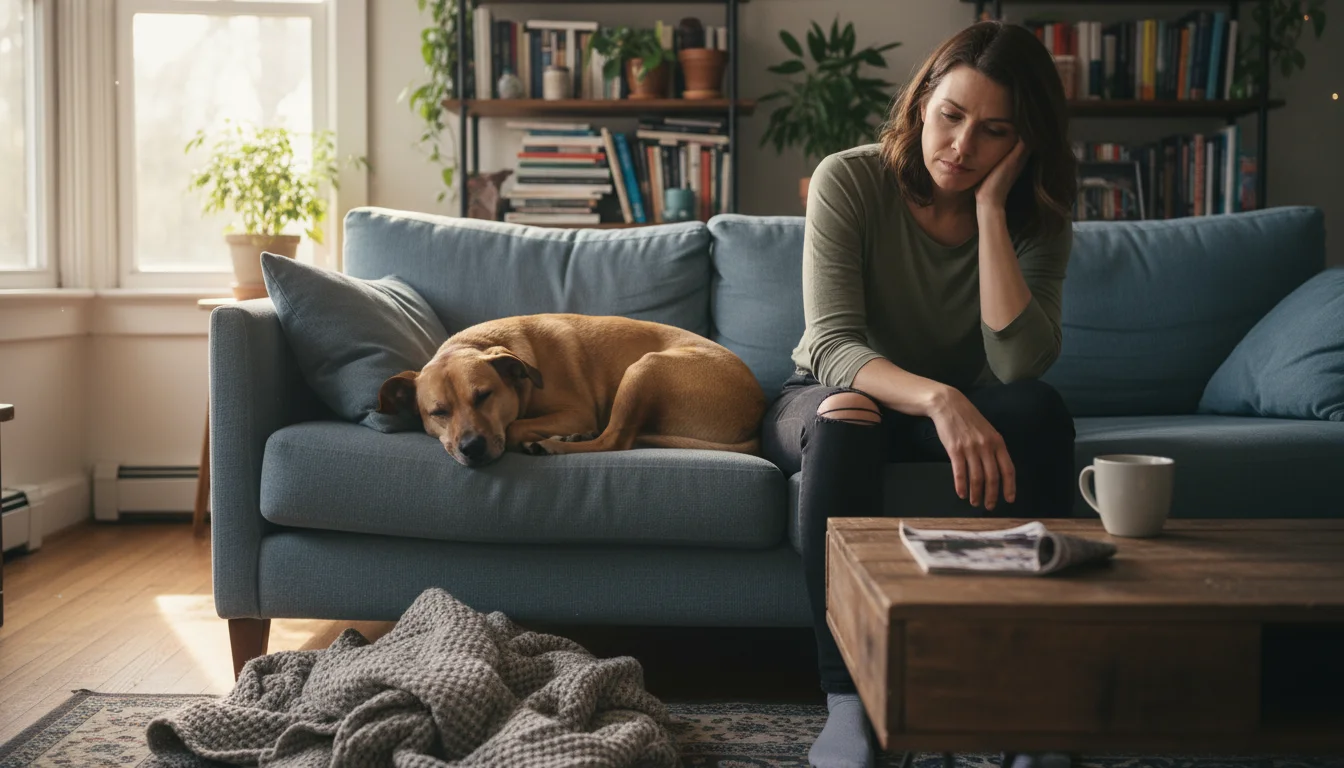 A woman sits slumped on a sofa, head in hand, looking weary, while her dog sits a short distance away, watching her with a confused expression.