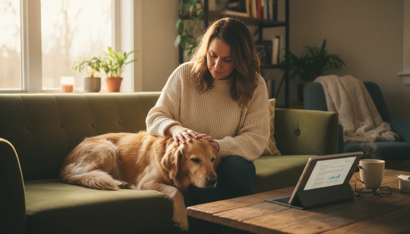 A woman sits on a sofa, gently petting her dog. A tablet is on the coffee table.