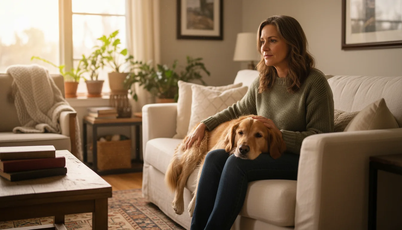 A woman sits on a sofa, gently stroking a golden retriever mix resting on her lap, looking thoughtfully into the distance.
