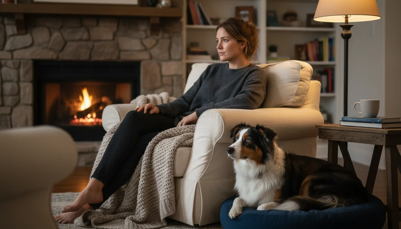 A woman sits thoughtfully in an armchair, looking contemplative. Her tri-color Australian Shepherd mix dog lies on a bed, watching her with gentle cur